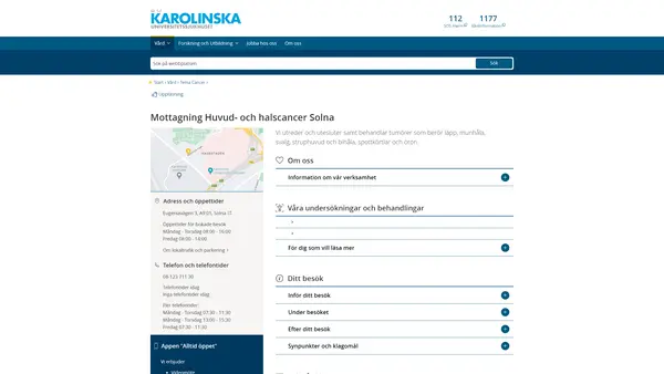 Mottagning Huvud Hals  Solna, Karolinska Universitetssjukhuset