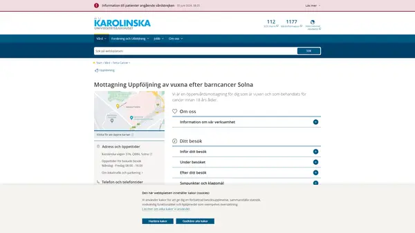 Mottagningen för uppföljning efter cancer  som ung Solna, Karolinska Universitetssjukhuset